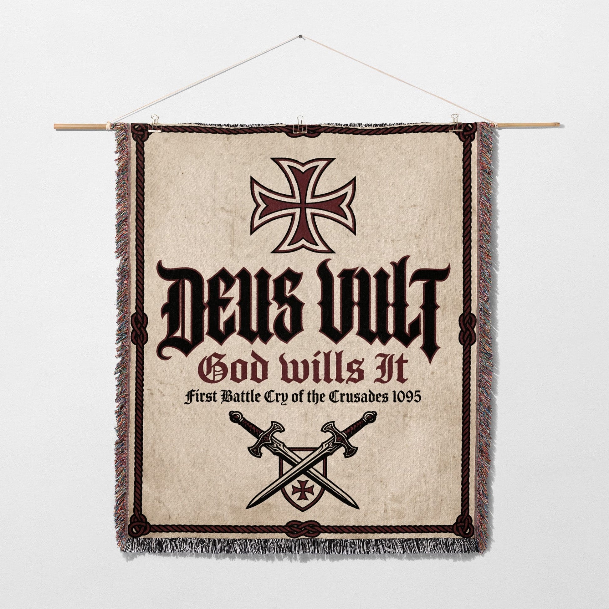 Woven banner with "Deus Vult" and crossed swords design.