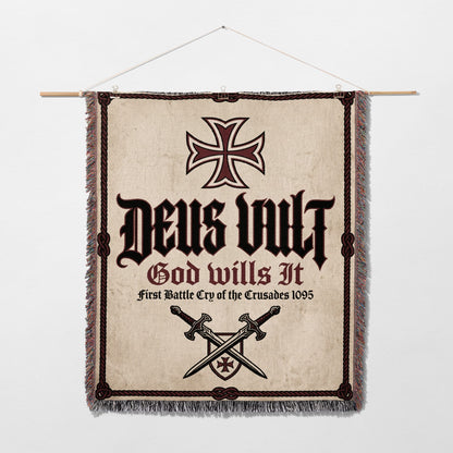 Woven banner with "Deus Vult" and crossed swords design.