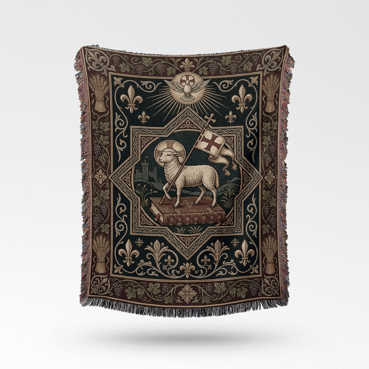 CalmNestStyle Heraldic Lamb & Dove Art Woven Blanket jacquard woven blanket