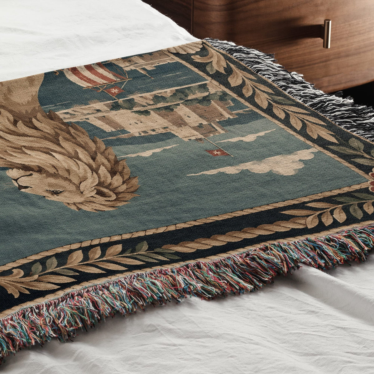 CalmNestStyle Golden Lions Crowned Shield over Valletta Woven Blanket jacquard woven blanket