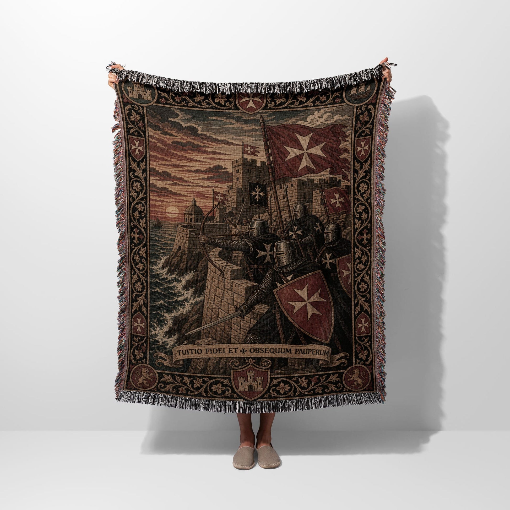 Tapestry of Templar knights defending a castle wall, with text "TUITIO FIDEI ET OBSEQUIUM PAUPERUM".