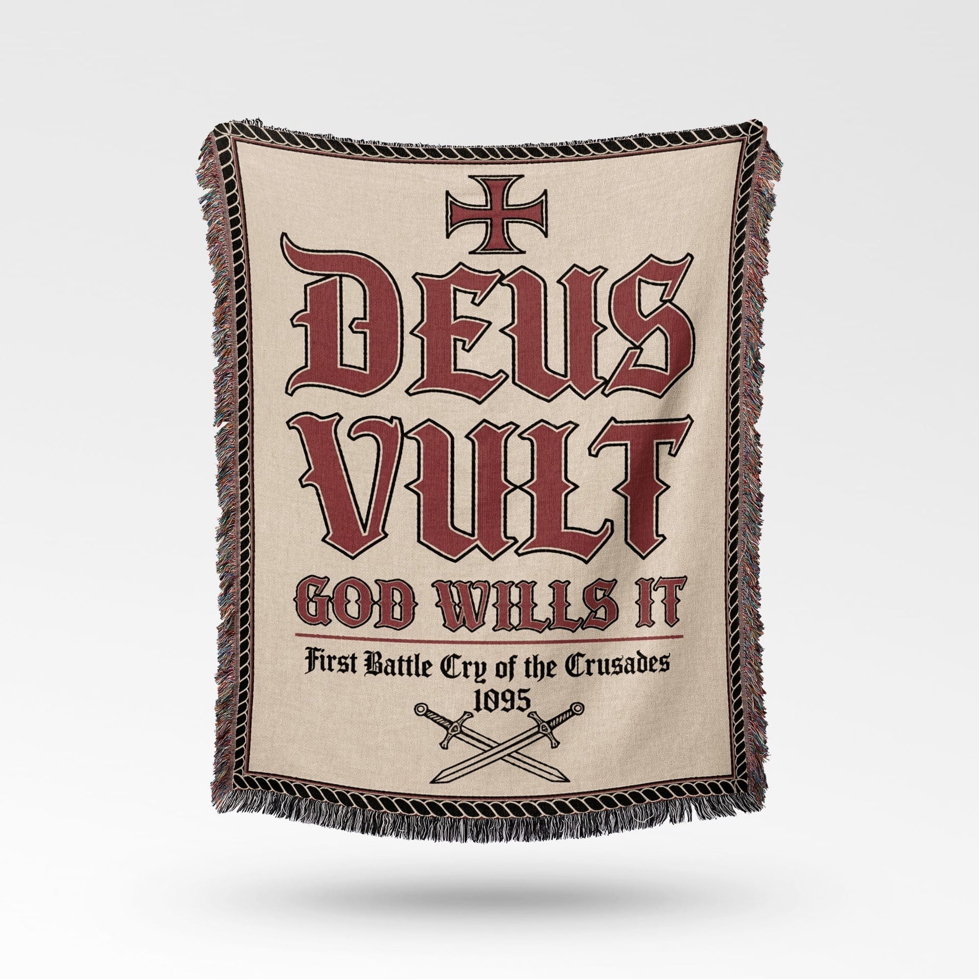 Deus Vult, God Wills It, First Battle Cry of the Crusades 1095 woven blanket.