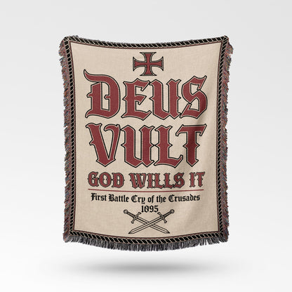 Deus Vult, God Wills It, First Battle Cry of the Crusades 1095 woven blanket.