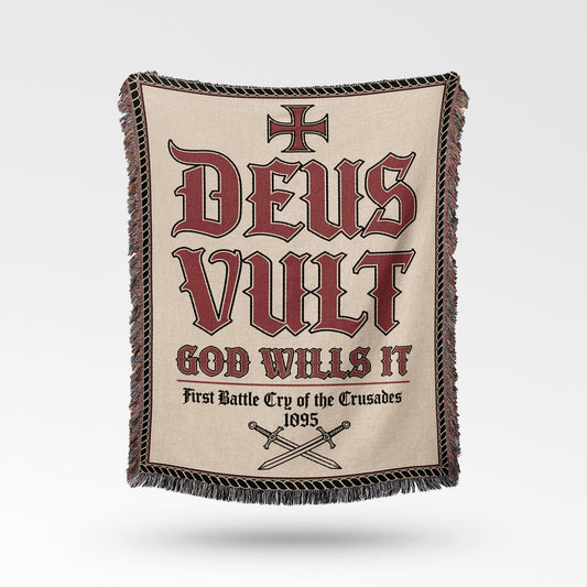 Deus Vult, God Wills It, First Battle Cry of the Crusades 1095 woven blanket.