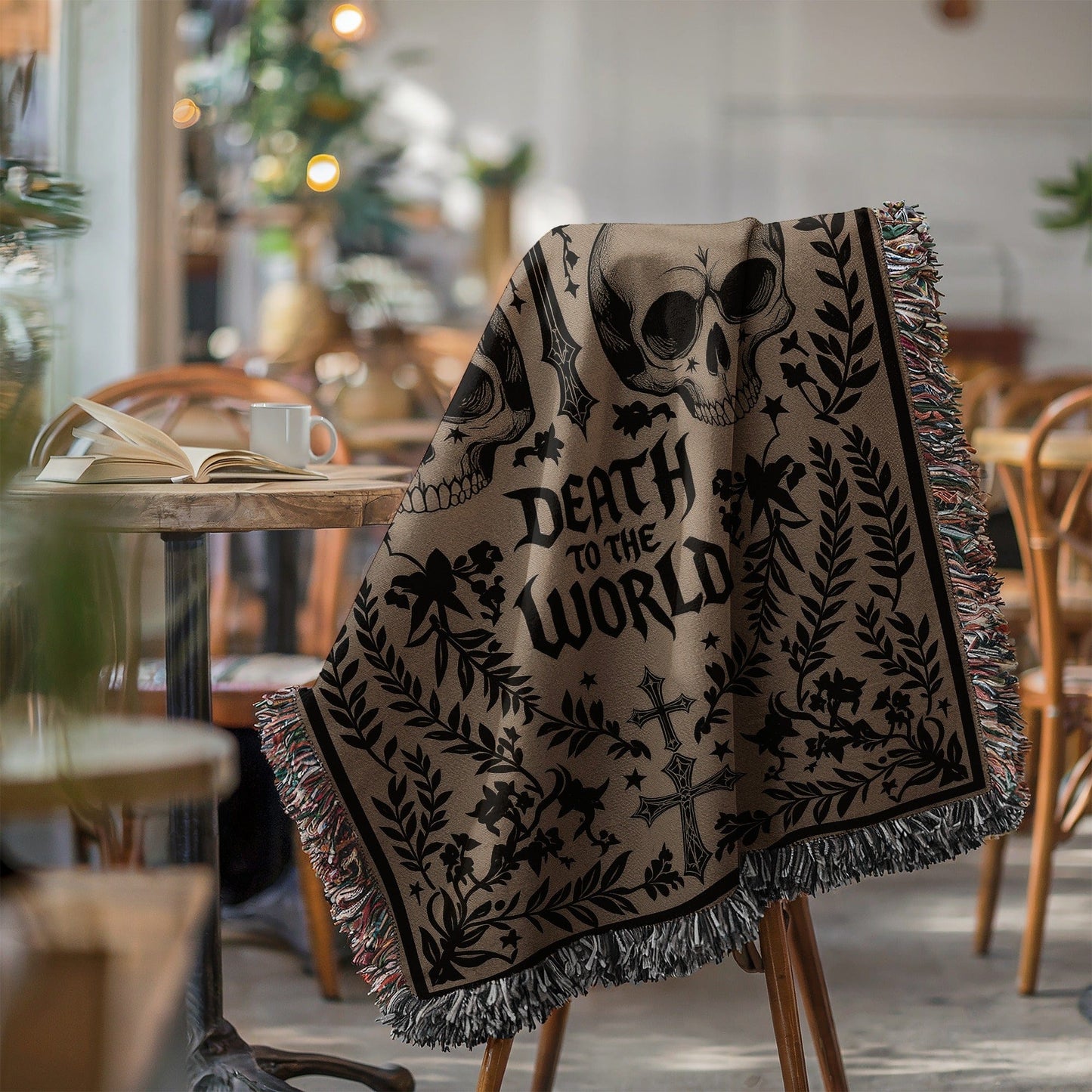 Skull and Botanical Themed Blanket with Tassels