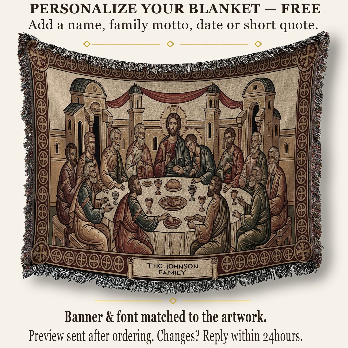 MyDesigns Personalized Last Supper Horizontal Tapestry - Custom Name Date jacquard woven blanket
