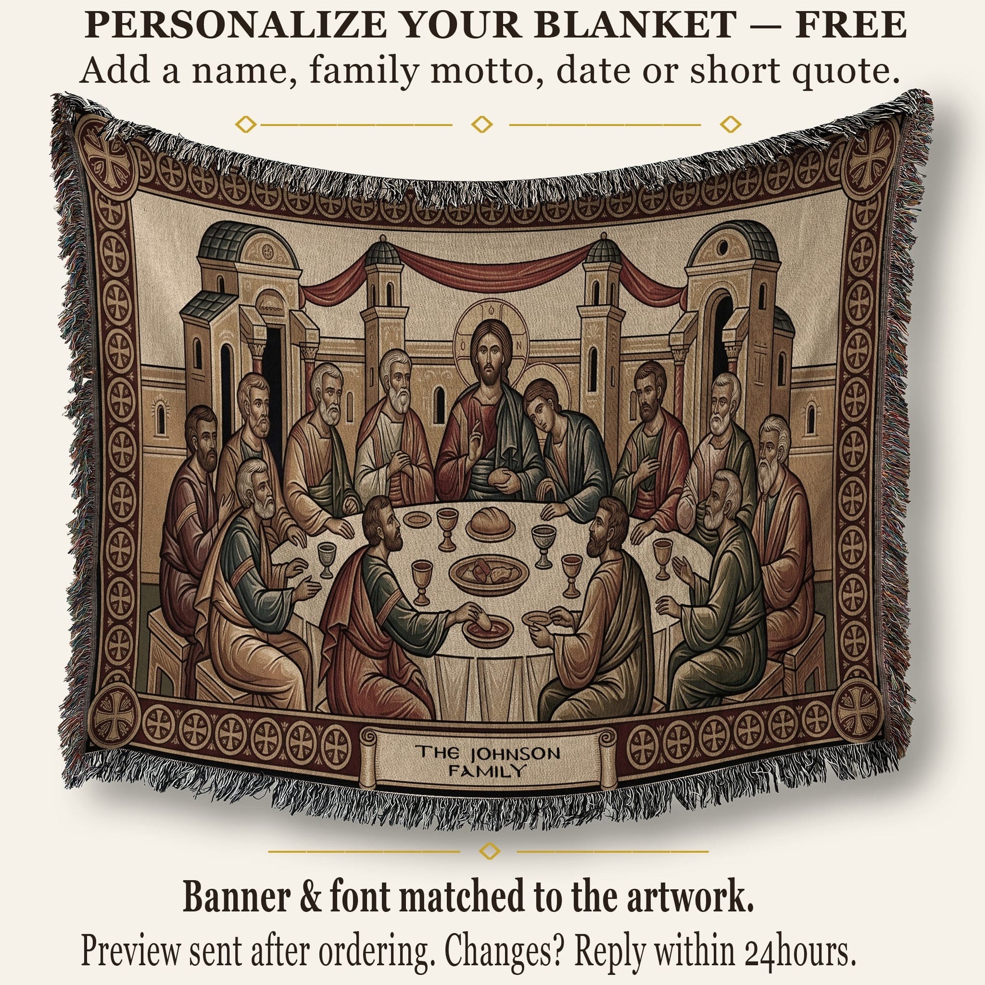 MyDesigns Personalized Last Supper Horizontal Tapestry - Custom Name Date jacquard woven blanket