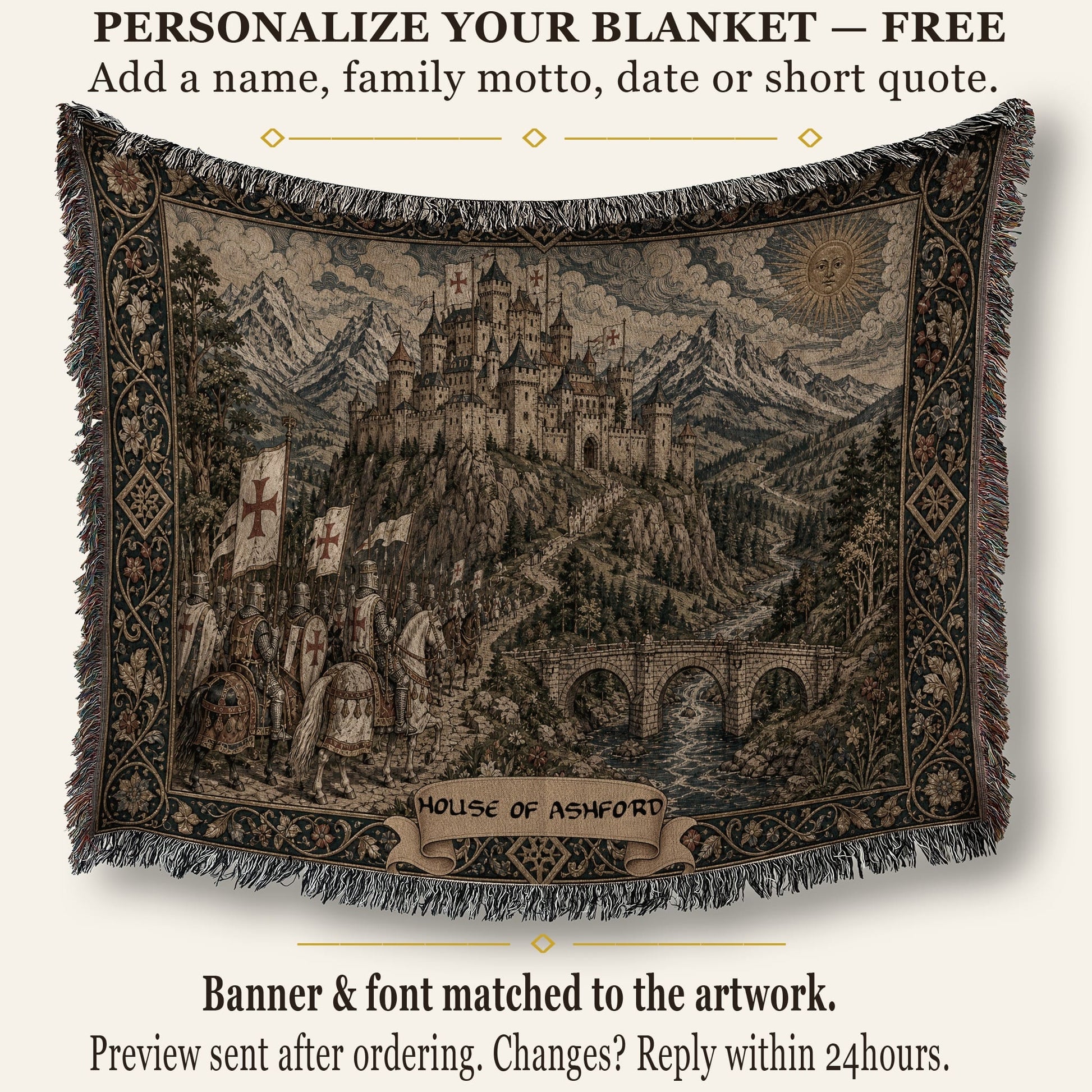MyDesigns Medieval Castle Tapestry Woven Blanket – Templar Banners Mountain Fortress, Golden jacquard woven blanket