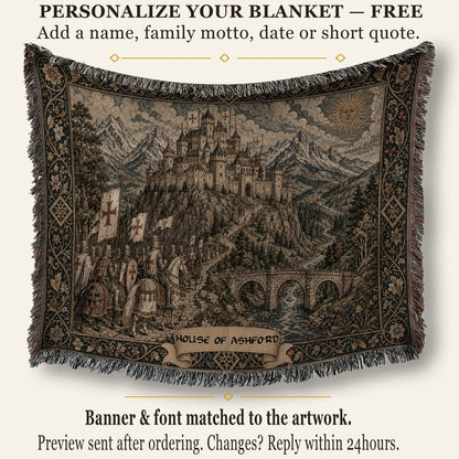 MyDesigns Medieval Castle Tapestry Woven Blanket – Templar Banners Mountain Fortress, Golden jacquard woven blanket