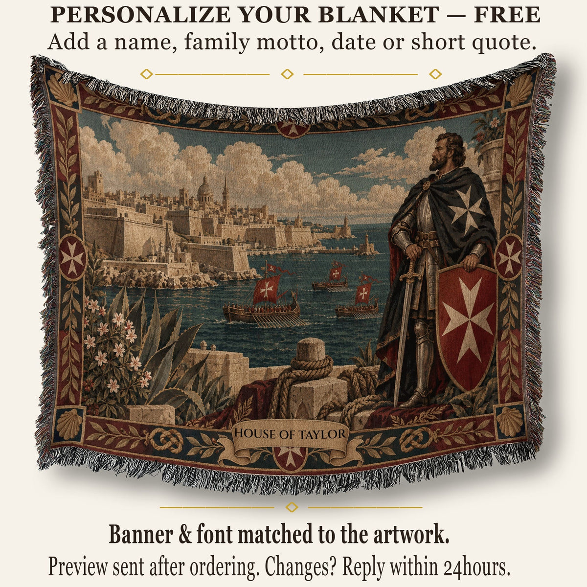 CalmNestStyle Hospitaller Knight Guarding the Harbor of Malta Woven Blanket jacquard woven blanket