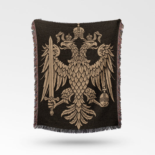 Black throw blanket with golden double-headed eagle crest, sword, and crown.