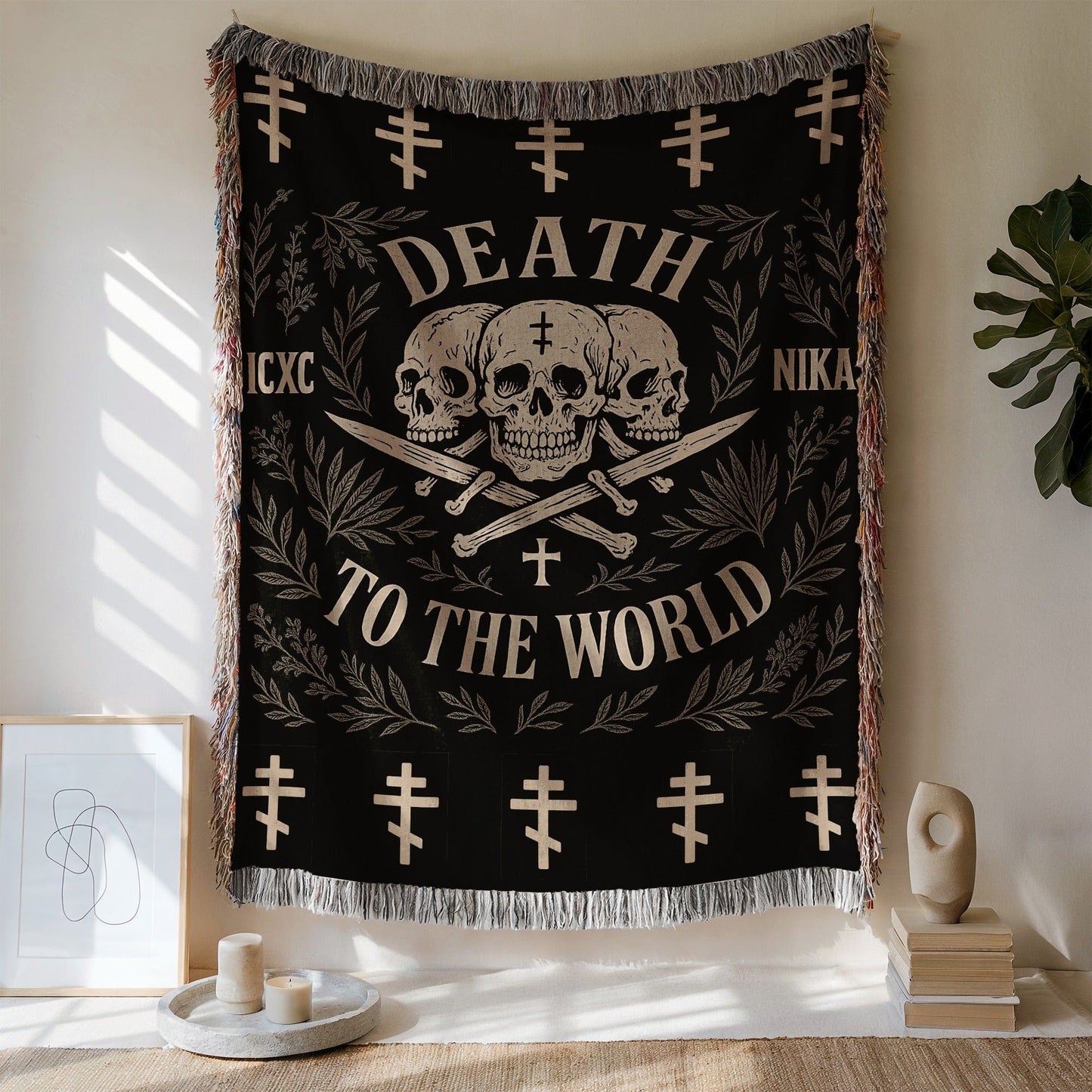 Death To The World Skull Design Woven Tapestry Blanket