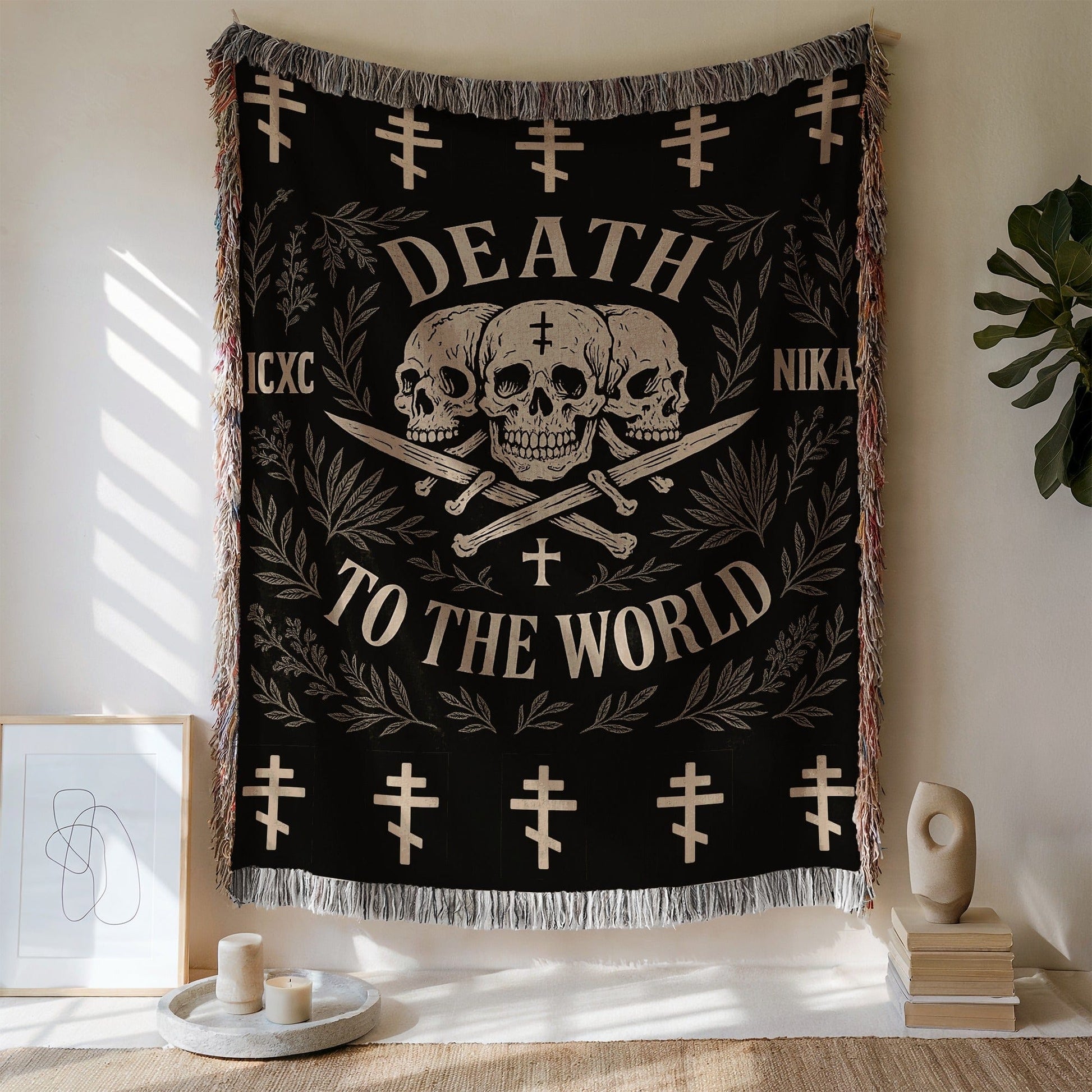 Death To The World Skull Design Woven Tapestry Blanket