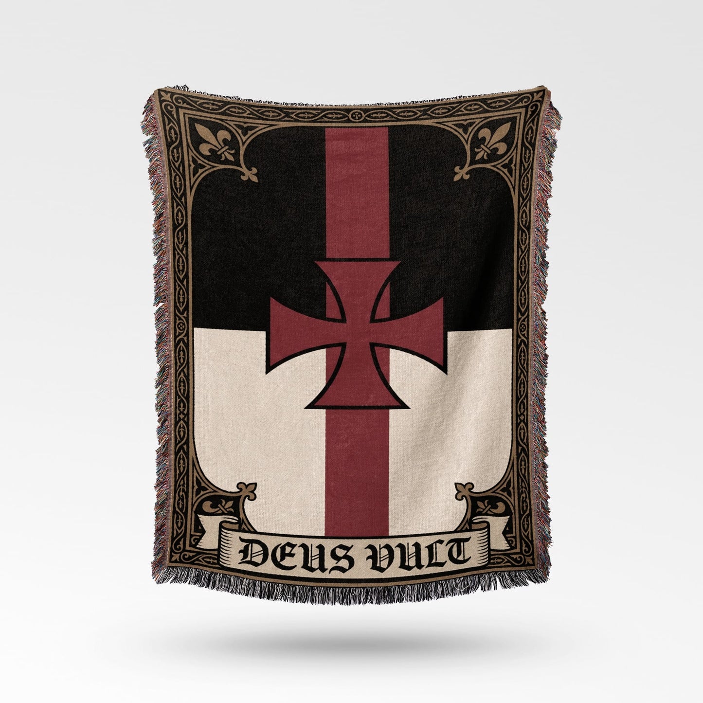 Black and white flag with red templar cross and "Deus Vult" text.