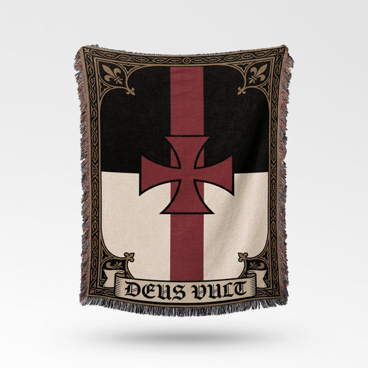 Black and white flag with red templar cross and "Deus Vult" text.