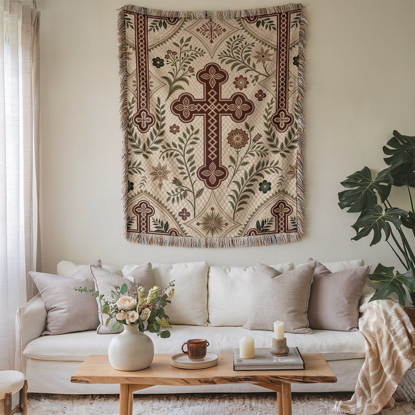 Cross Design Botanical Tapestry Display Home Decor