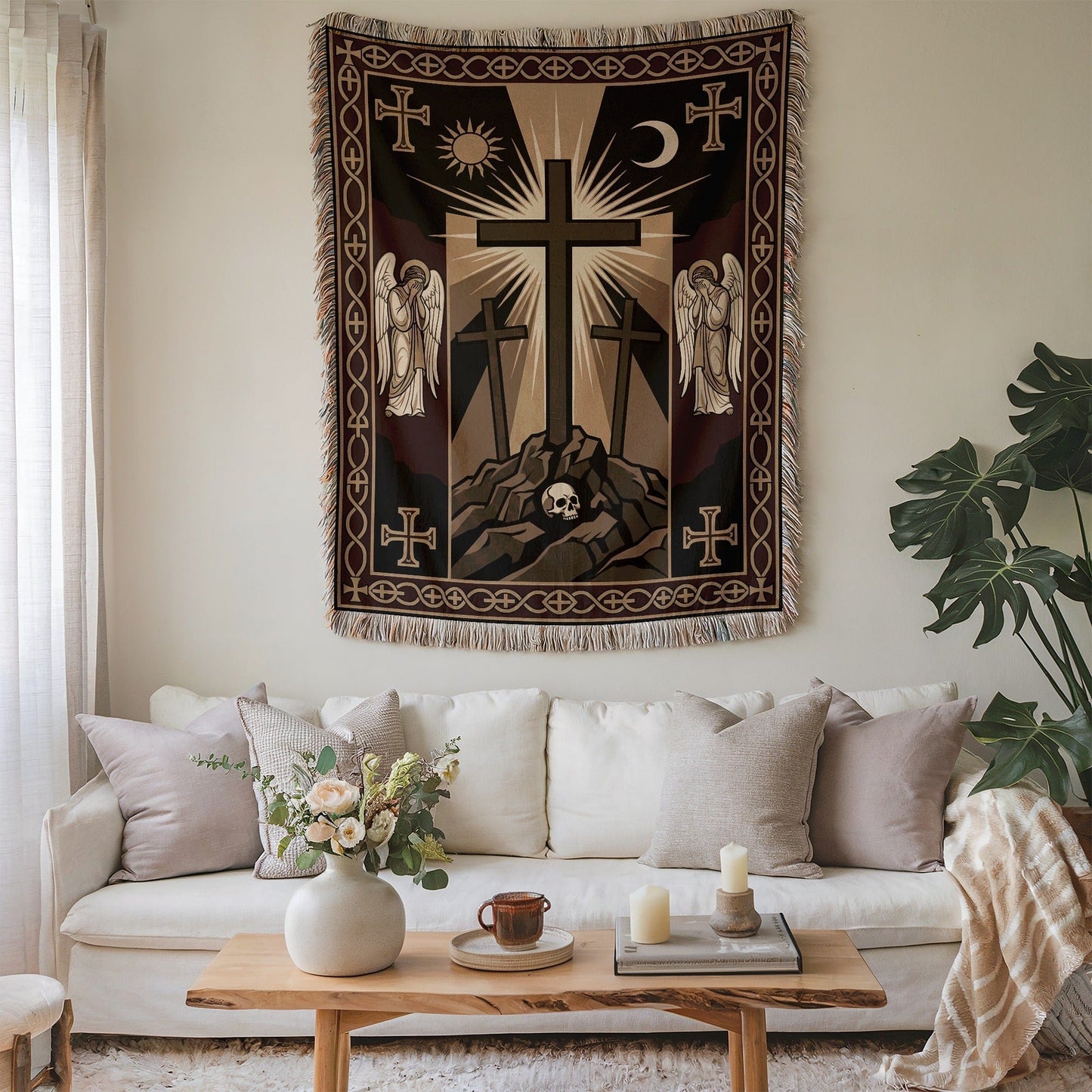 Religious Tapestry with Crosses and Angels Home Decor