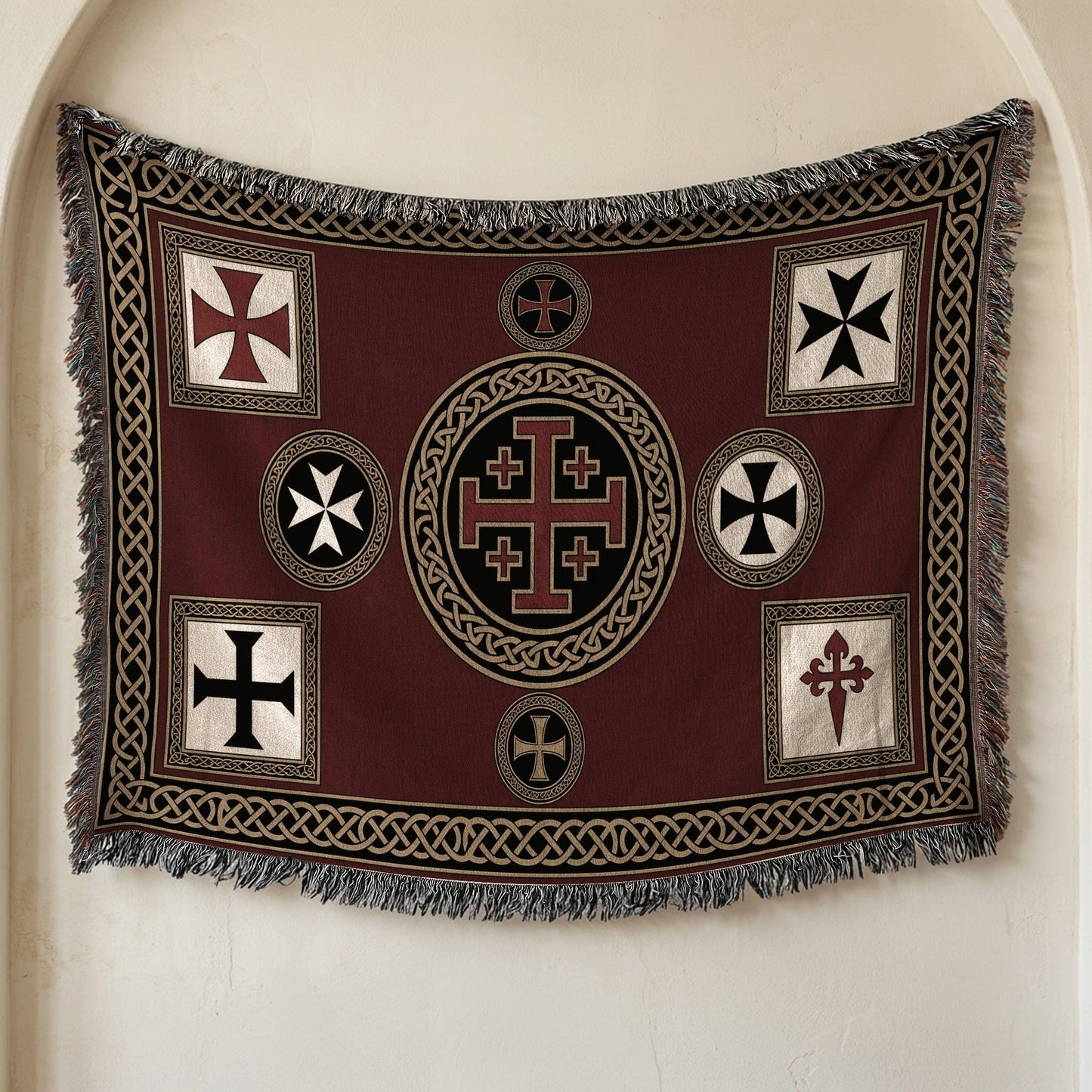MyDesigns Medieval Tapestry Woven Throw – Burgundy Jerusalem Cross Medallion Blanket jacquard woven blanket