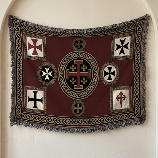 MyDesigns Medieval Tapestry Woven Throw – Burgundy Jerusalem Cross Medallion Blanket jacquard woven blanket