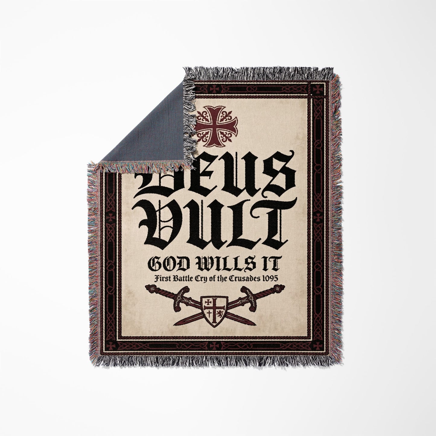"Deus Vult" tapestry throw blanket with swords and cross.