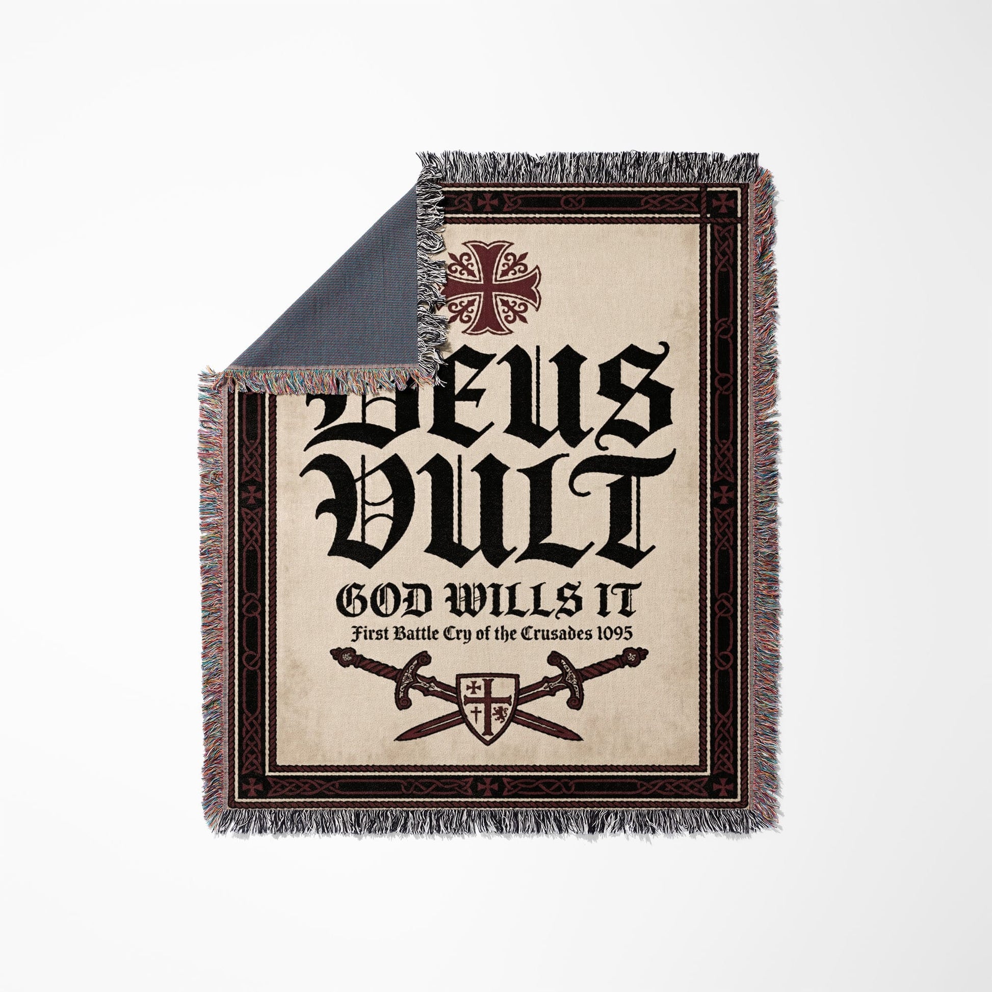 "Deus Vult" tapestry throw blanket with swords and cross.