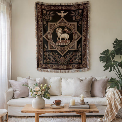 Elegant Wall Tapestry with Intricate Lamb and Dove Design