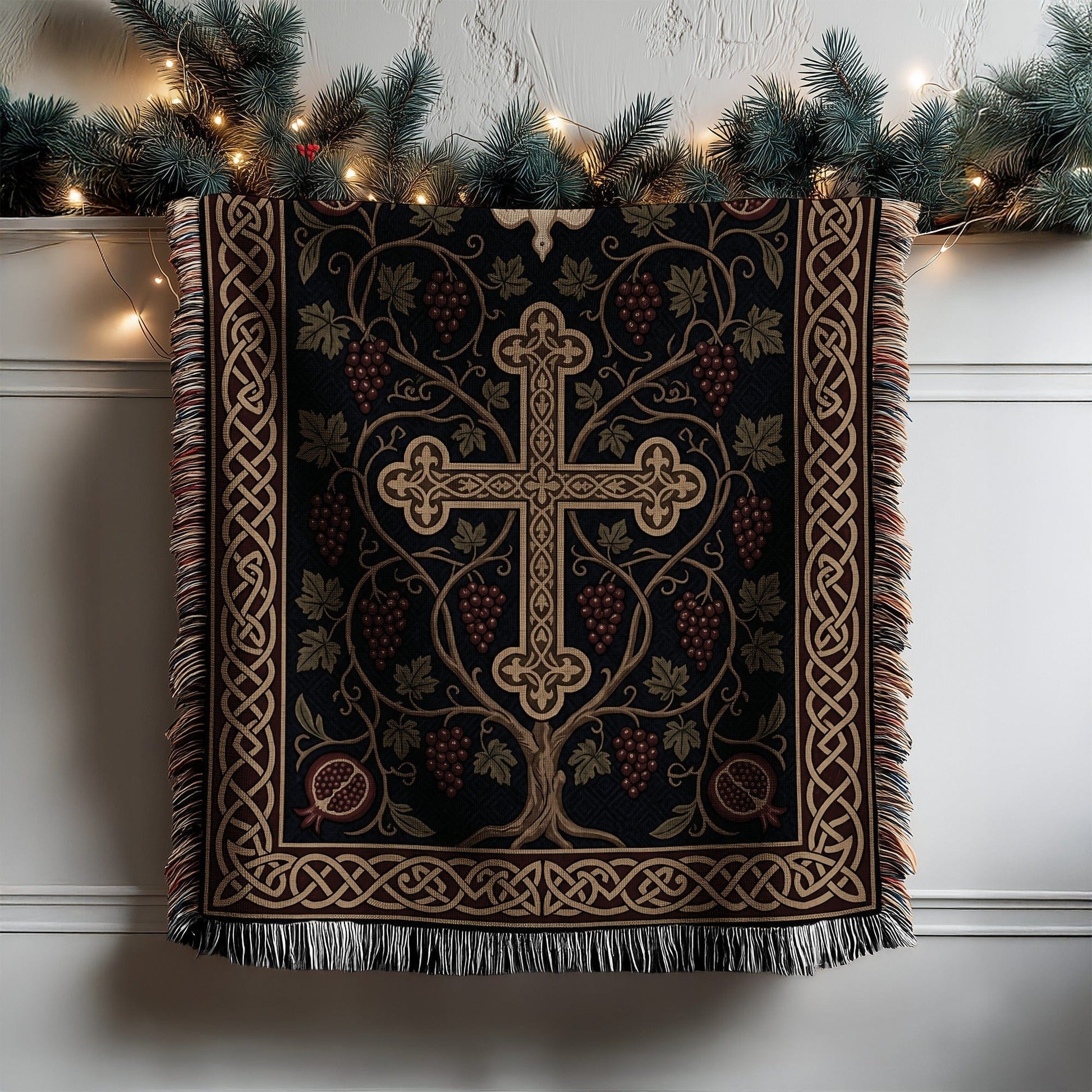 Elegant Cross and Vines Pattern Tapestry Blanket Decor