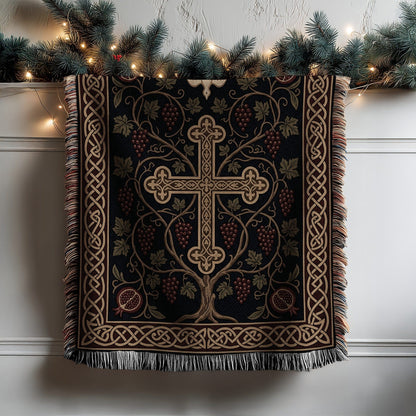 Elegant Cross and Vines Pattern Tapestry Blanket Decor