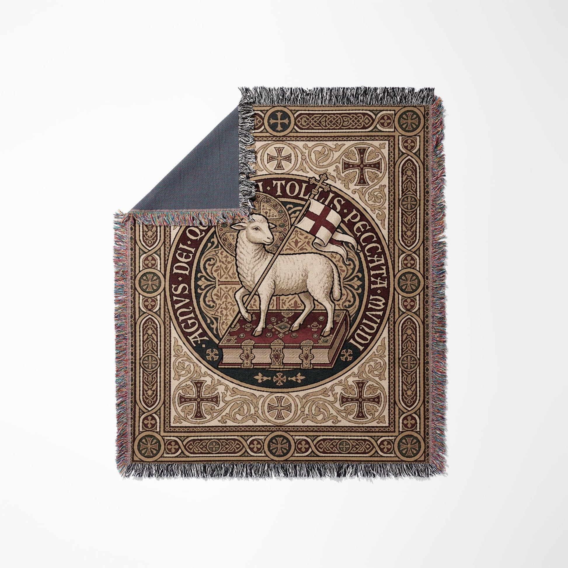 Woven tapestry featuring the Lamb of God with a banner and Latin inscription.