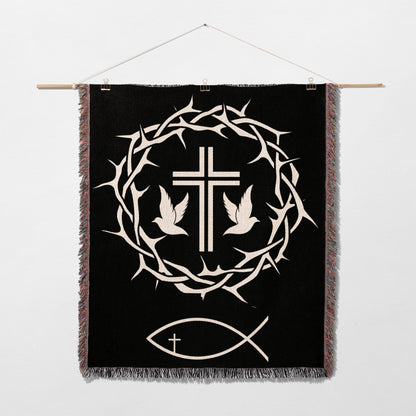 Black tapestry with crown of thorns, cross, and two doves.