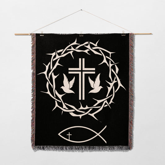 Black tapestry with crown of thorns, cross, and two doves.