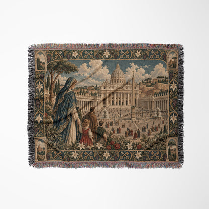 Woven throw blanket featuring a classic tapestry scene of St. Peter's Square with figures in the foreground.