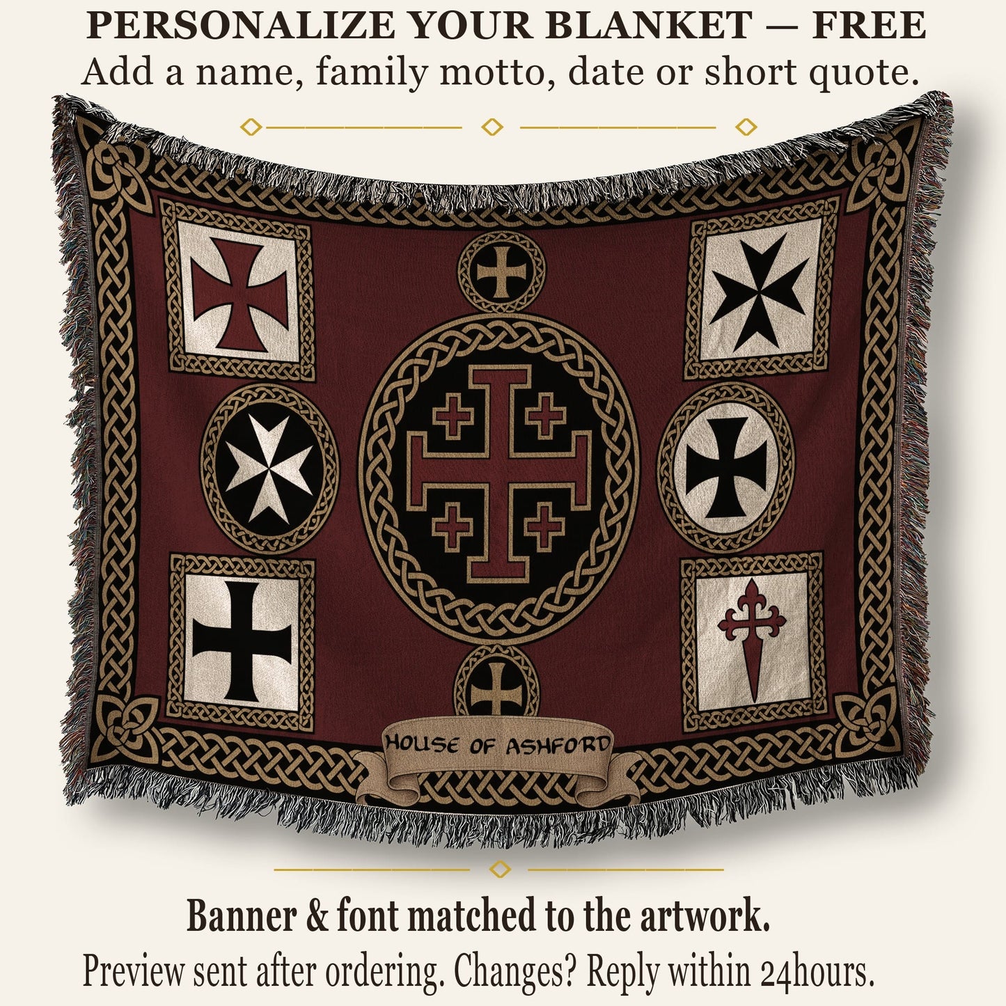 MyDesigns Medieval Tapestry Art Woven Blanket – Jerusalem Cross Medallion, Crusader Orders jacquard woven blanket
