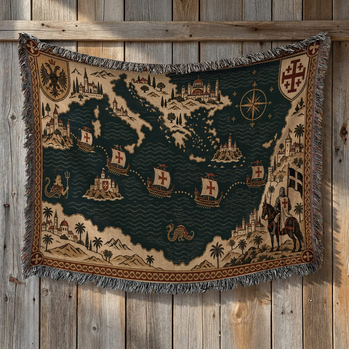 CalmNestStyle Crusader Sea Route Map I Aegean Islands jacquard woven blanket