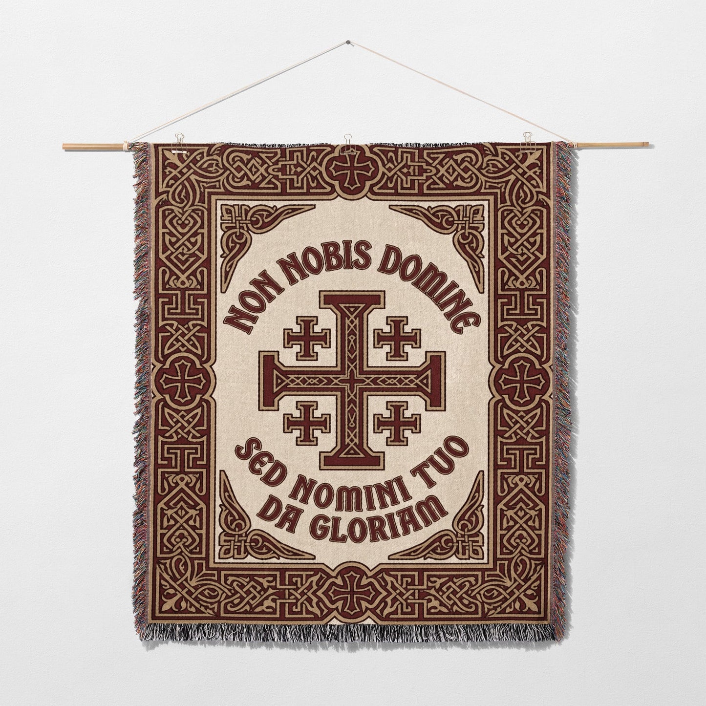 Tapestry with "NON NOBIS DOMINE SED NOMINI TUO" and a Jerusalem cross.