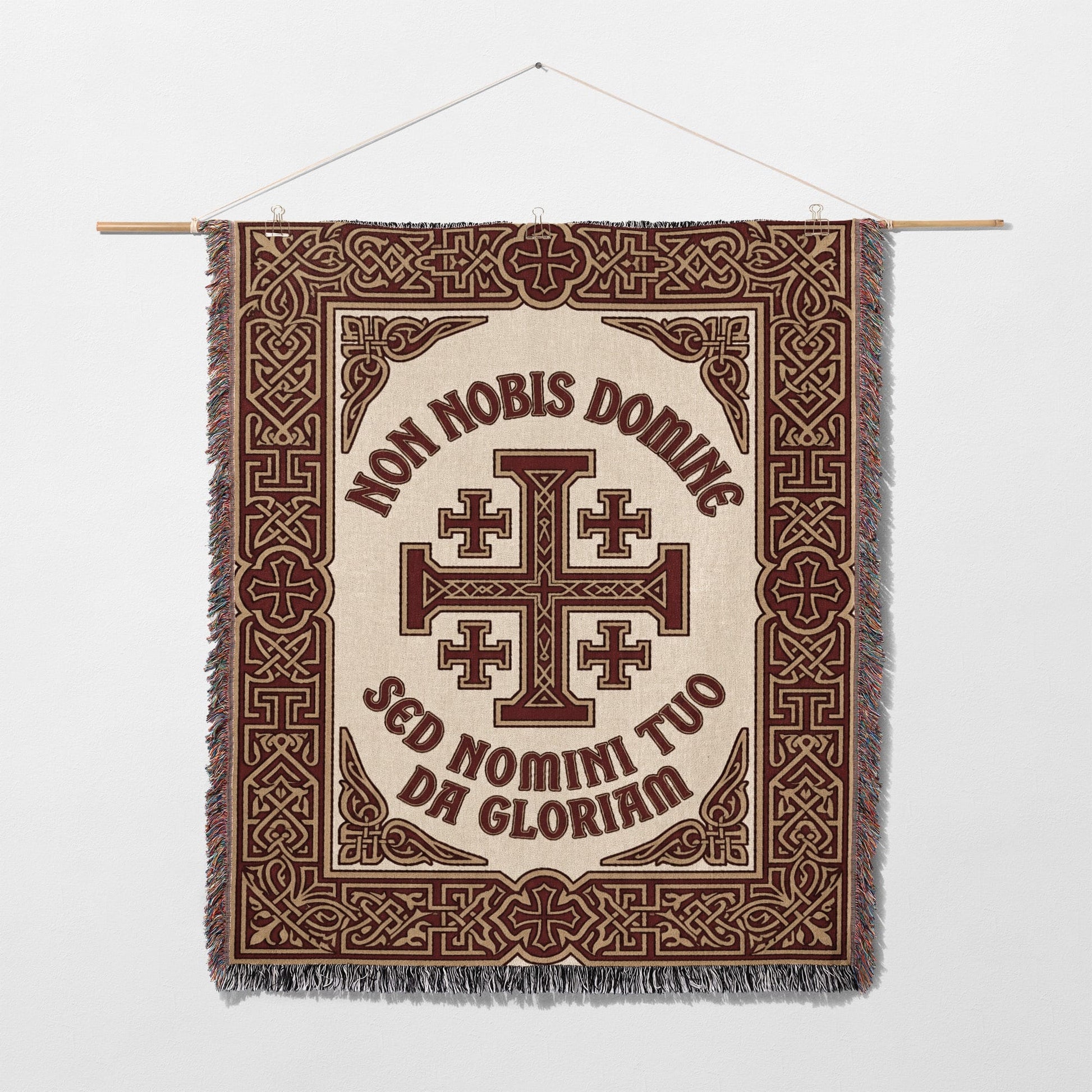 Tapestry with "NON NOBIS DOMINE SED NOMINI TUO" and a Jerusalem cross.
