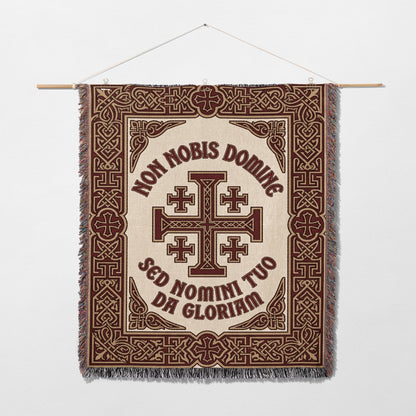 Tapestry with "NON NOBIS DOMINE SED NOMINI TUO" and a Jerusalem cross.