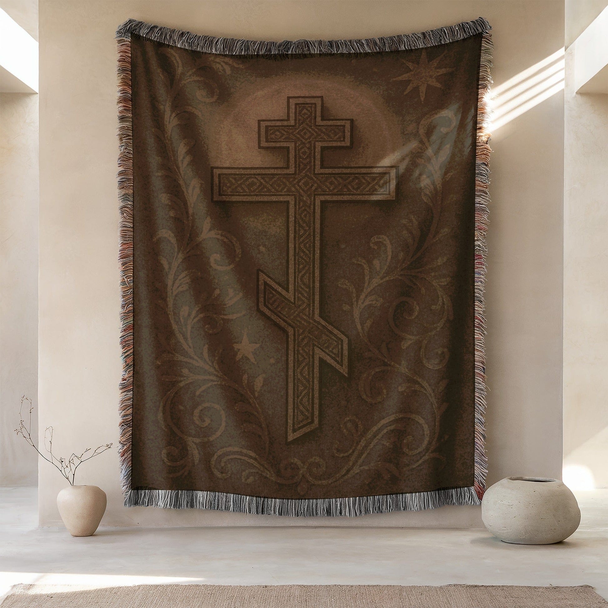 Ornate Cross Pattern Design Tapestry with Fringe Blanket