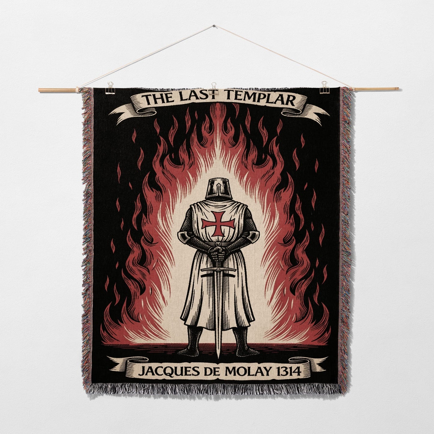 Knights Templar tapestry with flames, featuring Jacques de Molay 1314.