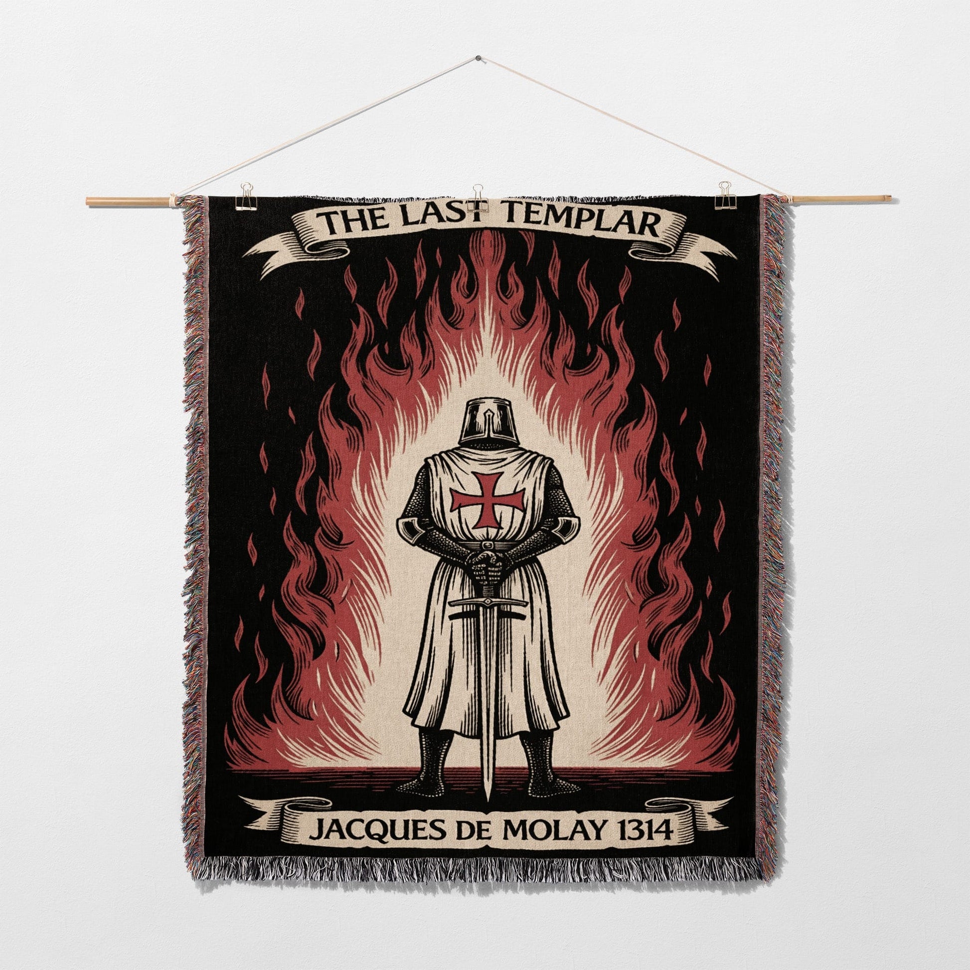 Knights Templar tapestry with flames, featuring Jacques de Molay 1314.