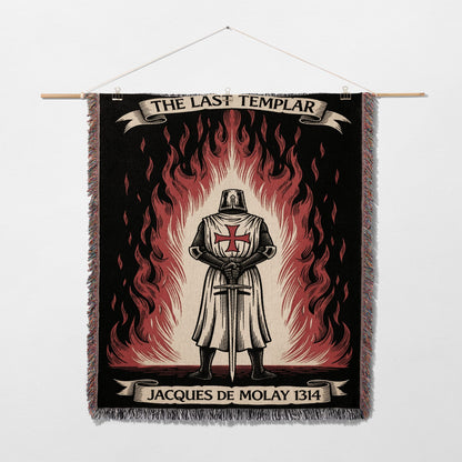 Knights Templar tapestry with flames, featuring Jacques de Molay 1314.