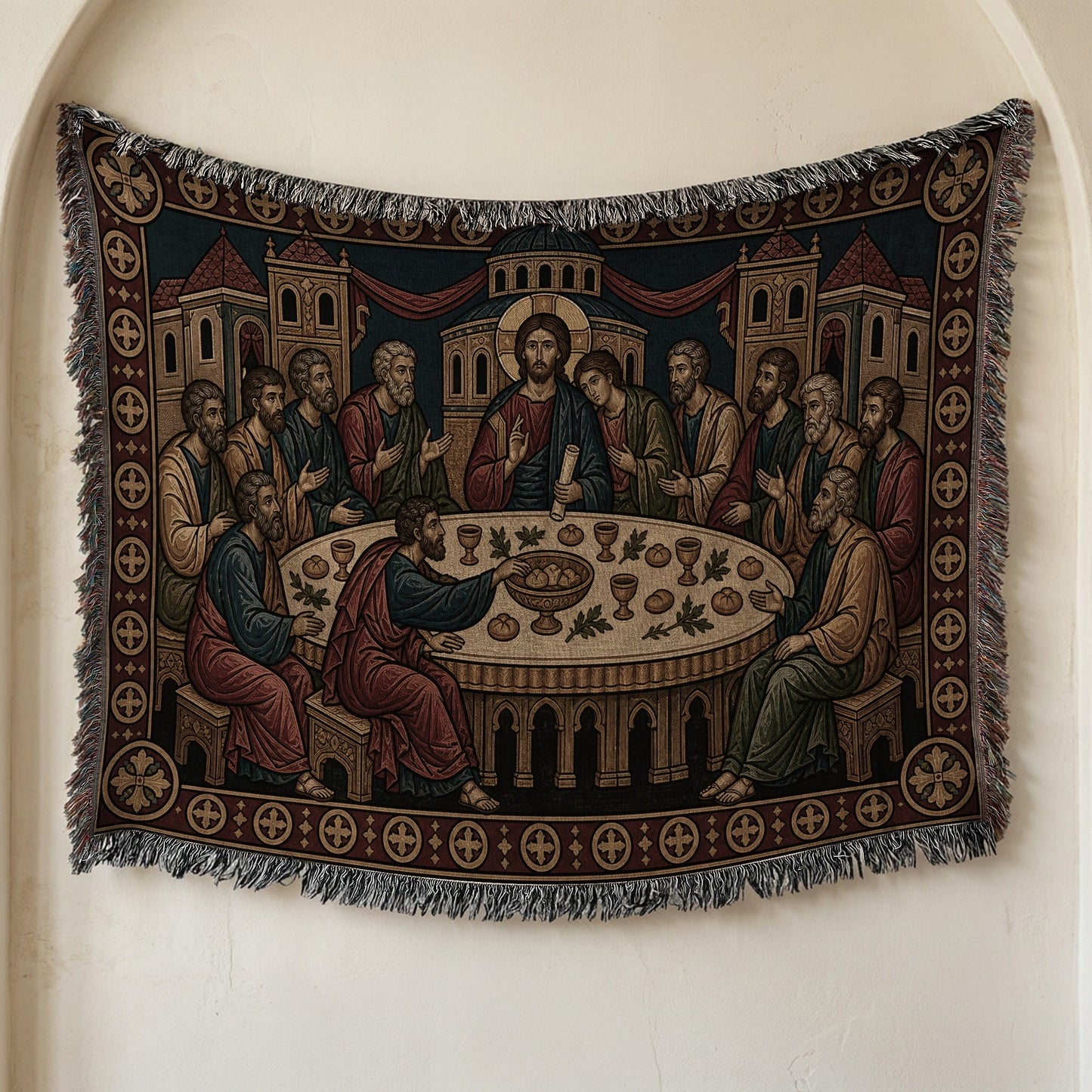 MyDesigns Mystical Supper Horizontal Tapestry - Round Table Orthodox Icon jacquard woven blanket