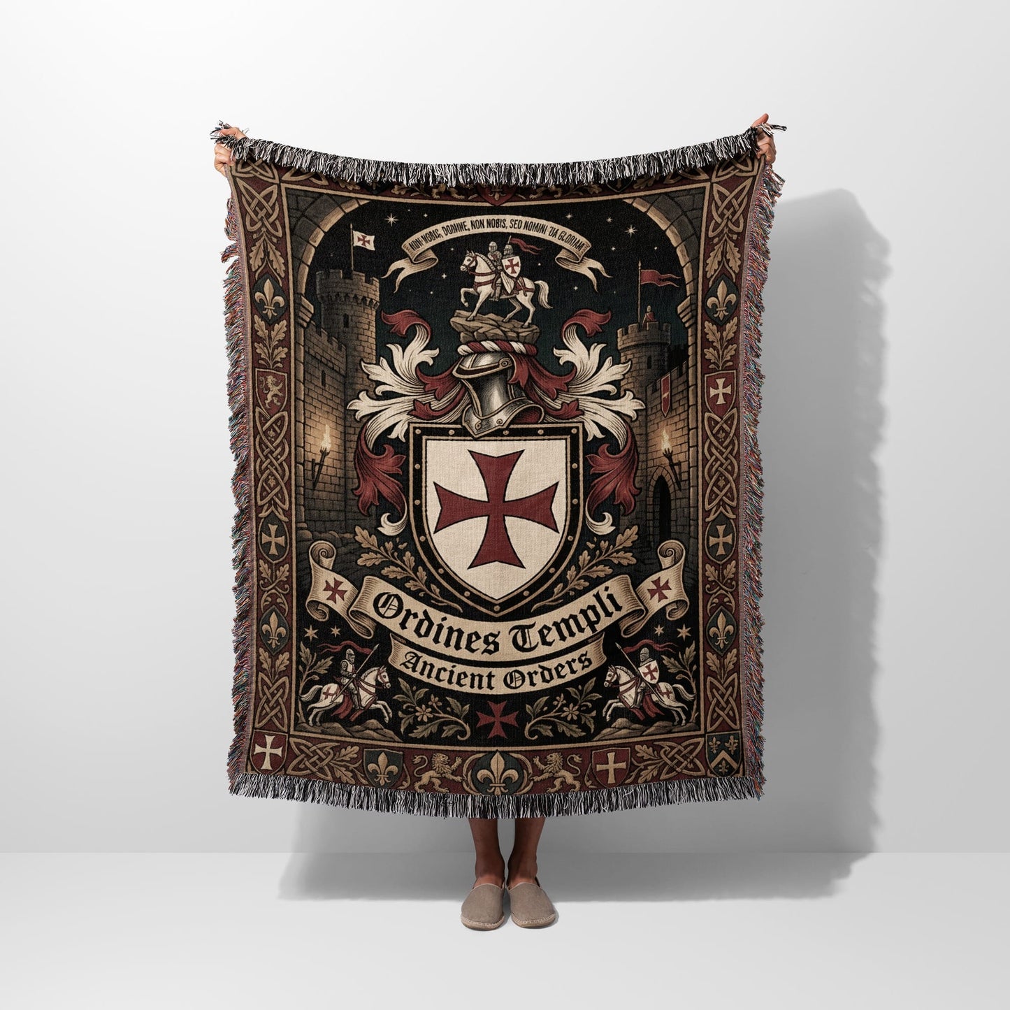 Tapestry with Knights Templar emblem, castles, knights, and Latin text.