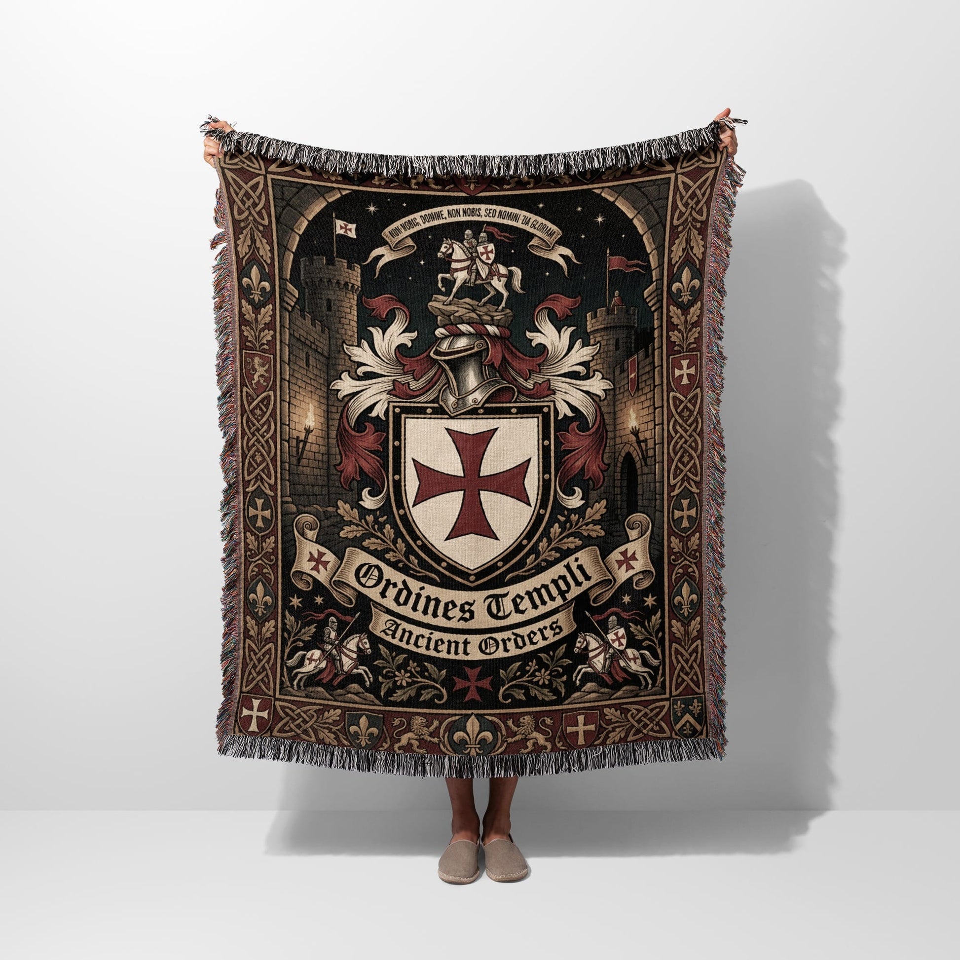 Tapestry with Knights Templar emblem, castles, knights, and Latin text.