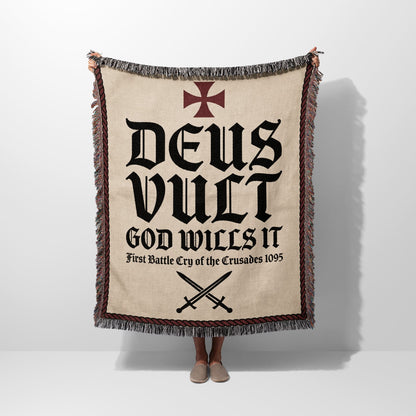 Blanket with "Deus Vult" and crossed swords design.