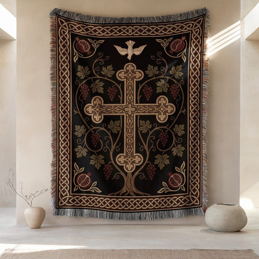 Ornate Cross and Floral Patterned Tapestry Blanket