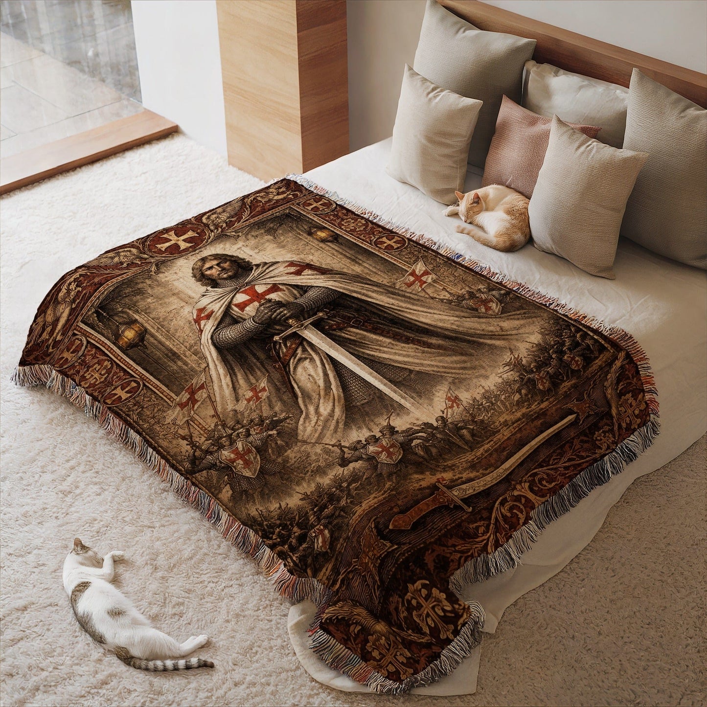 Medieval Knight Templar Themed Bedspread Blanket