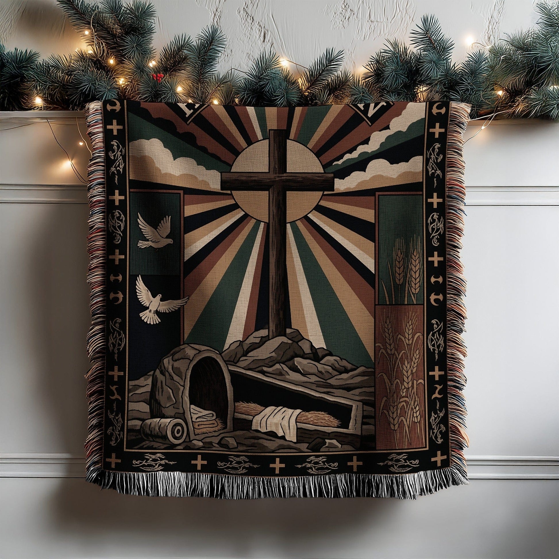 Religious Cross and Symbols Scene Wall Tapestry
