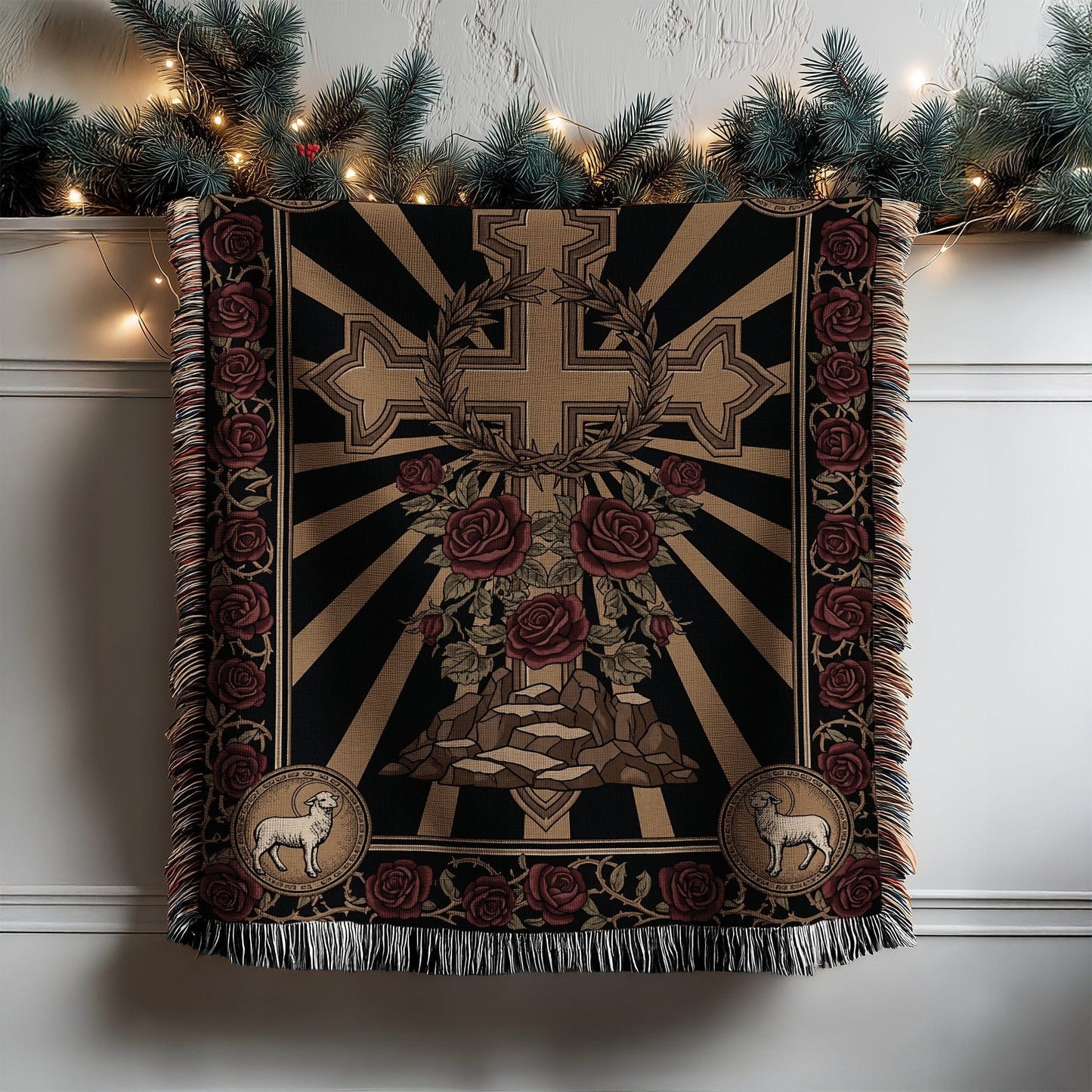 Religious Themed Tapestry with Cross and Roses