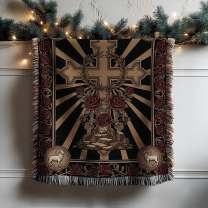 Religious Themed Tapestry with Cross and Roses